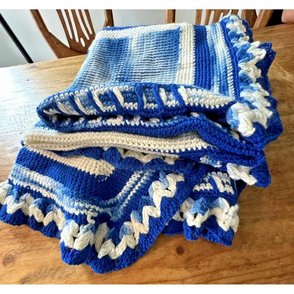 Handmade Crochet Afghan Throw Blue White Artisan Ruffle Shell Border 60 X 72" in - Picture 2 of 13